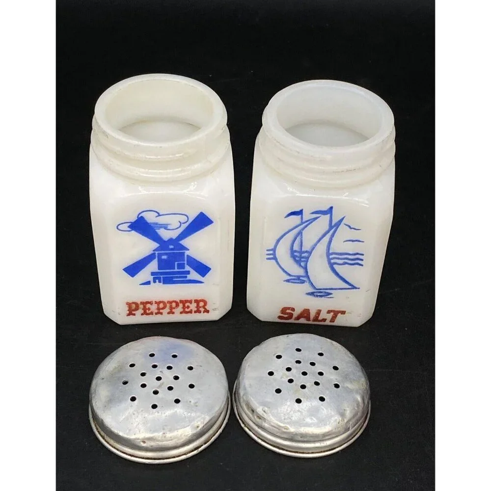 Tipp City Salt and Pepper Shaker Milk Glass Sailboats Dutch Windmill Mixed Set